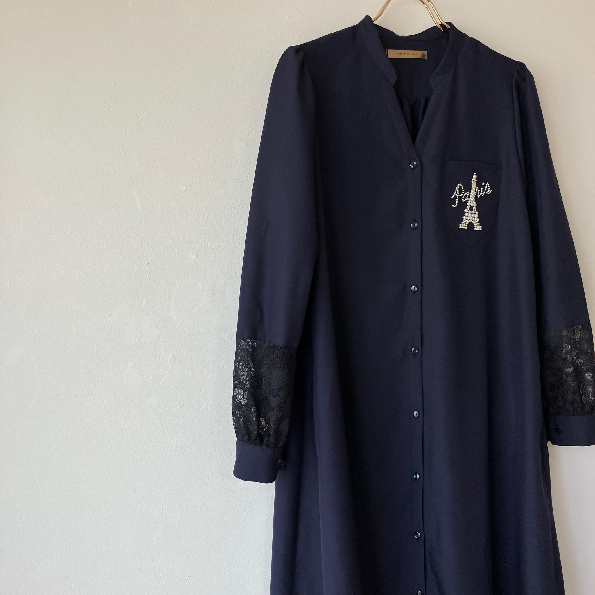 【サンプルSALE】エッフェル塔パール刺繍のVネックシャツワンピース【ネイビー/紺/スタンドカラー/オートクチュール刺繍 | 12枚目
