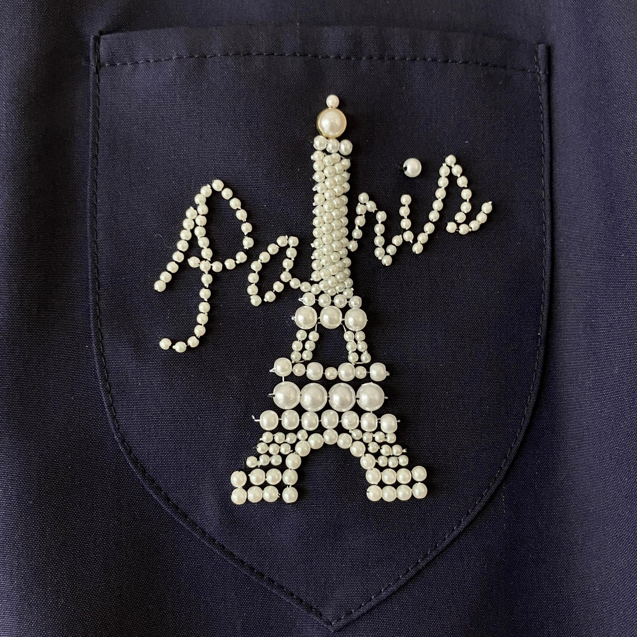 【サンプルSALE】エッフェル塔パール刺繍のVネックシャツワンピース【ネイビー/紺/スタンドカラー/オートクチュール刺繍 | 2枚目