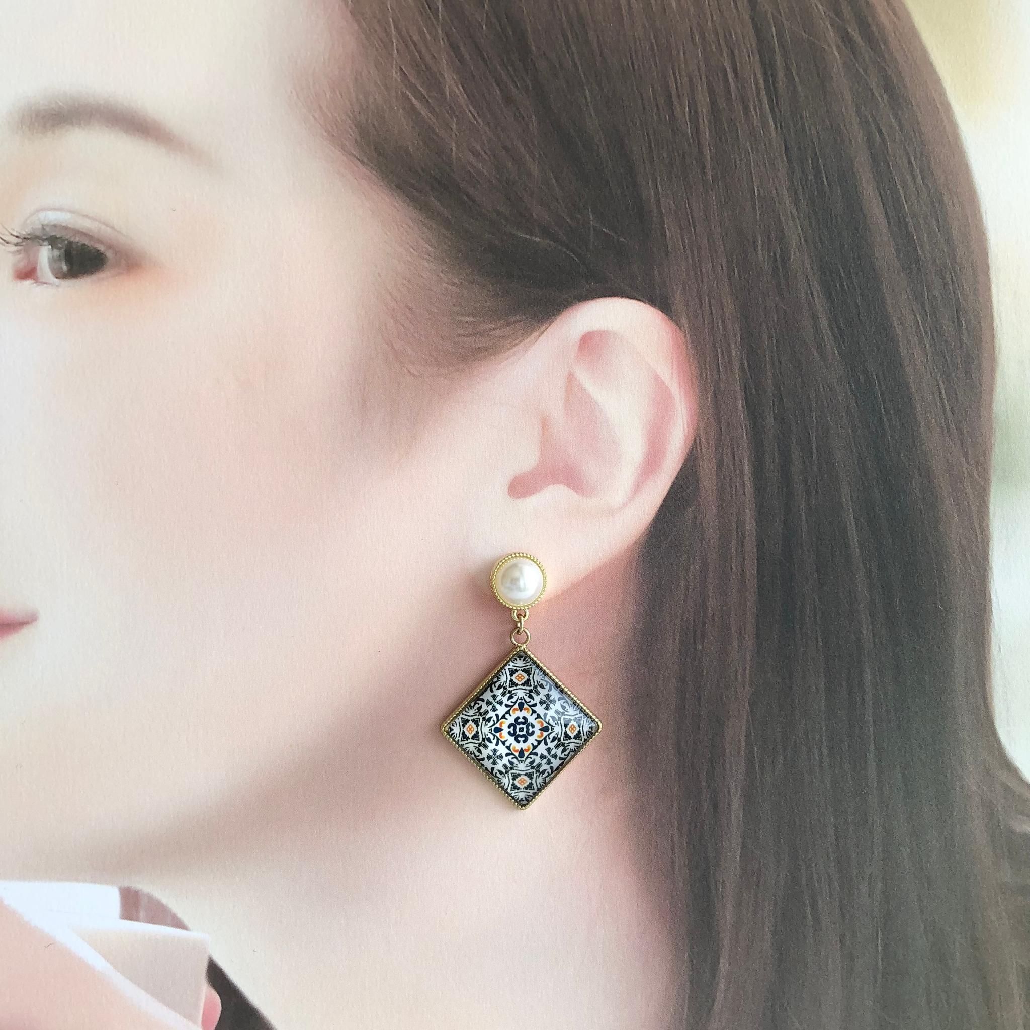 金縁パールとモザイク紋様のモロッコ風ピアス【ブルー】 | 5枚目