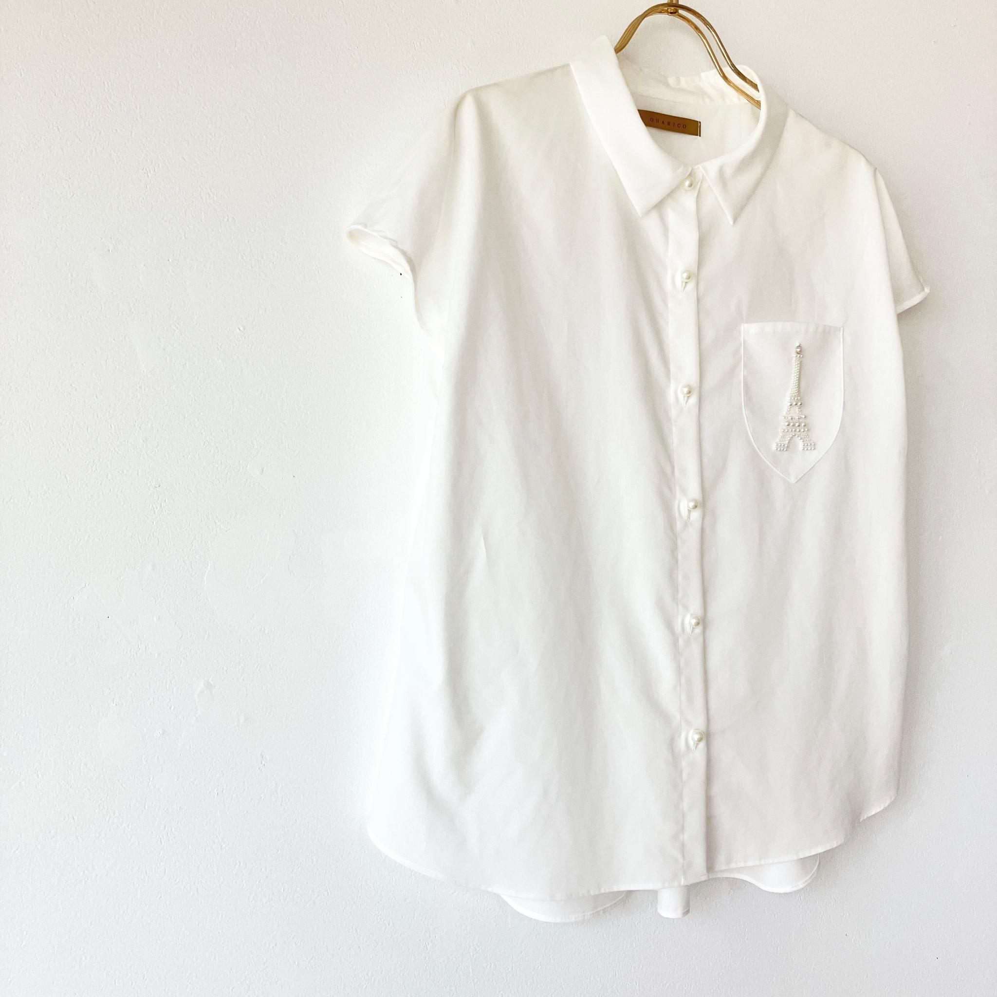 【選べる刺繍】パール刺繍の白シャツブラウス|フレンチスリーブ(半袖)/カスタム/王冠/エッフェル塔/イニシャル | 10枚目