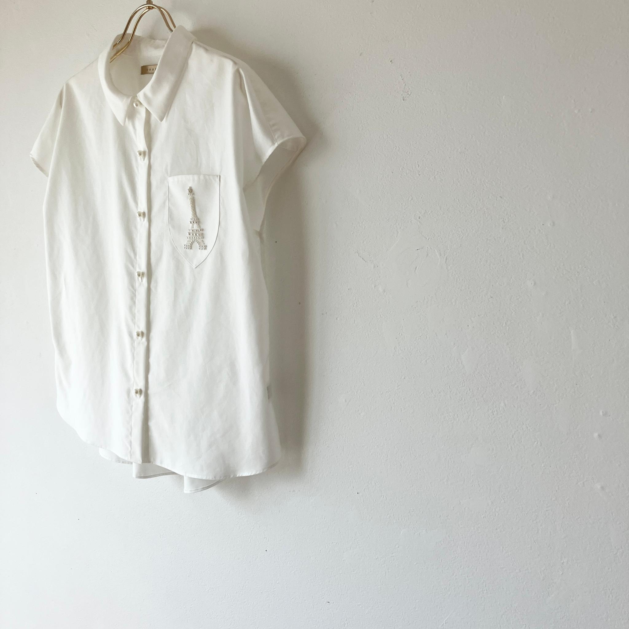 エッフェル塔パール刺繍の白シャツブラウス|フレンチスリーブ(半袖)/ホワイト/オートクチュール刺繍 | 10枚目