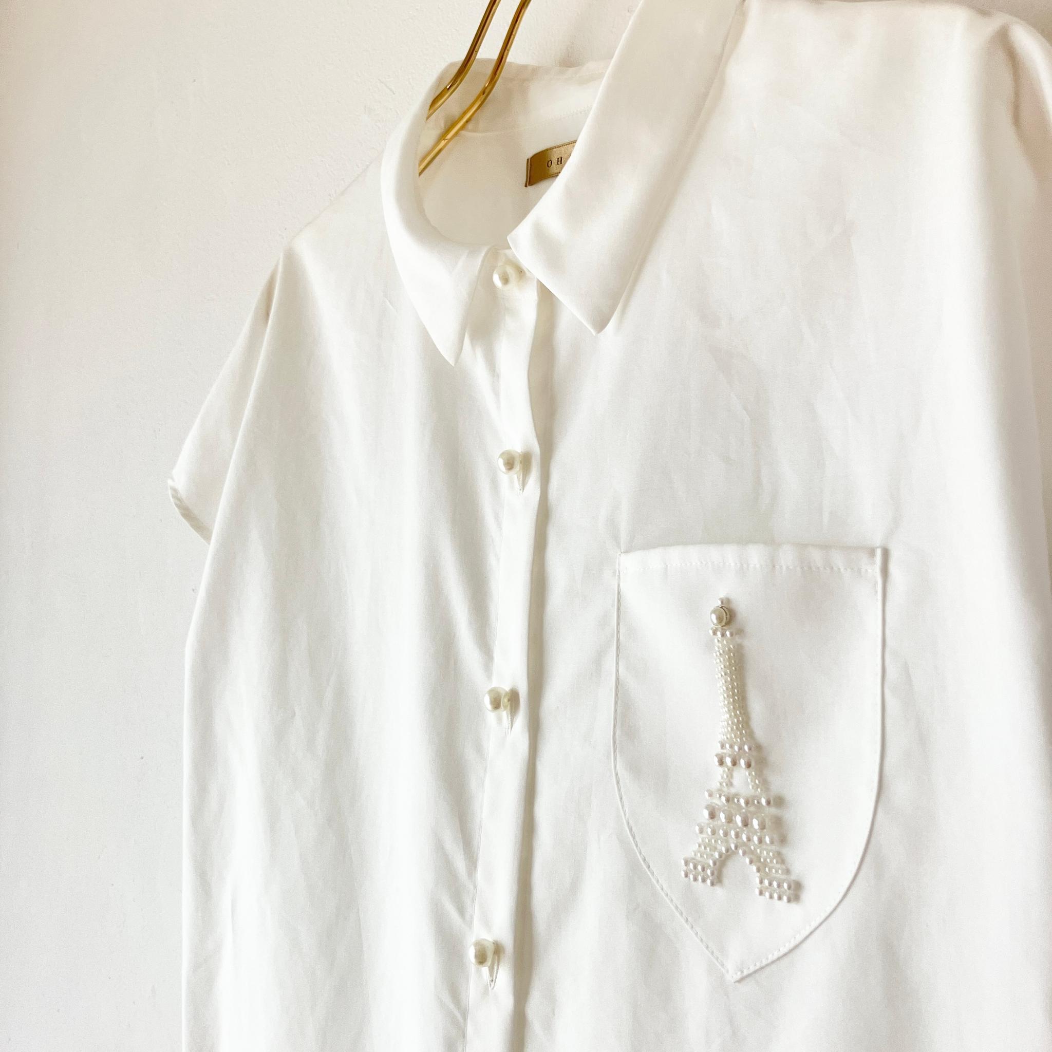 エッフェル塔パール刺繍の白シャツブラウス|フレンチスリーブ(半袖)/ホワイト/オートクチュール刺繍 | 6枚目